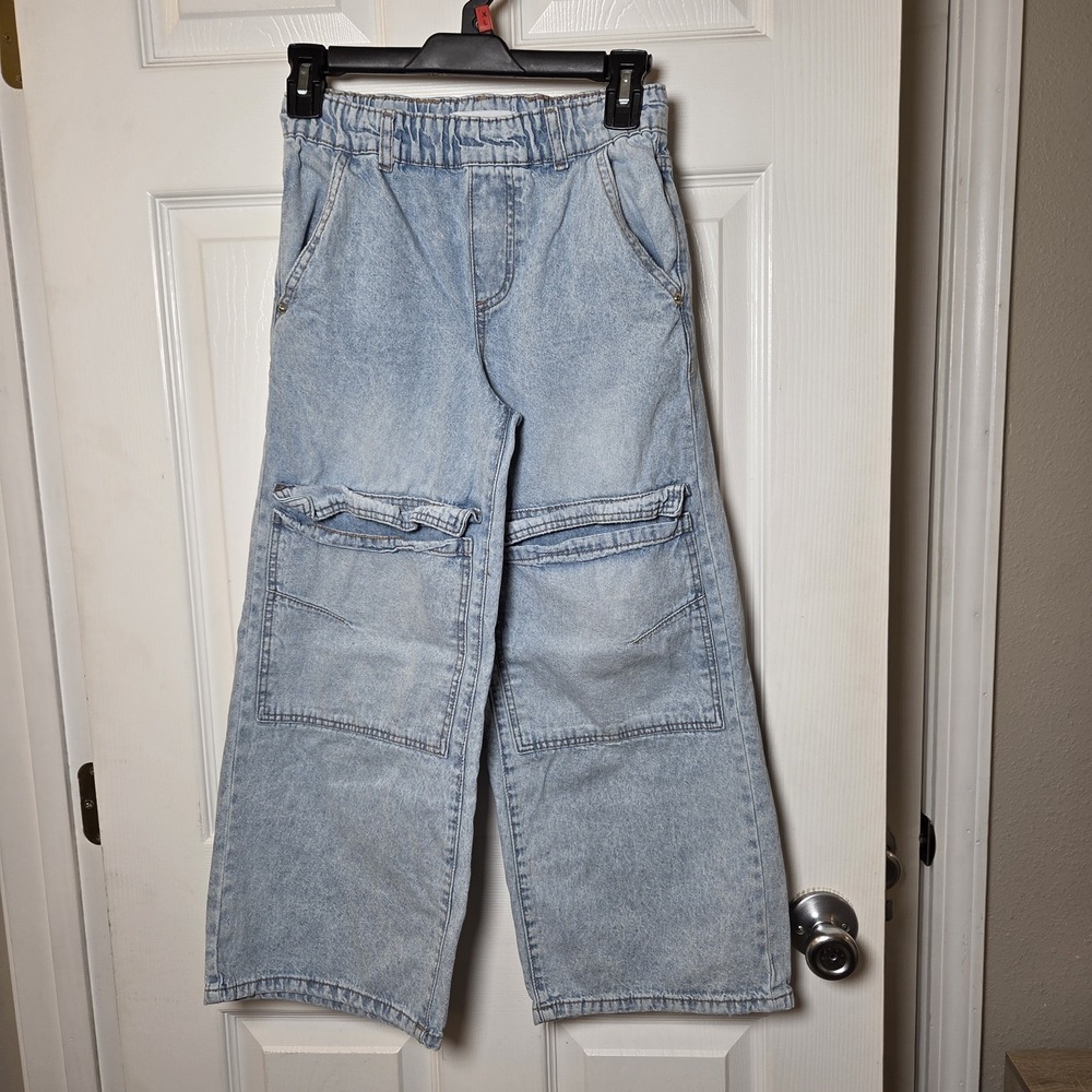 Zara kids sz 10 wide leg pull on jeans elastic waist cargo pockets 100% cotton